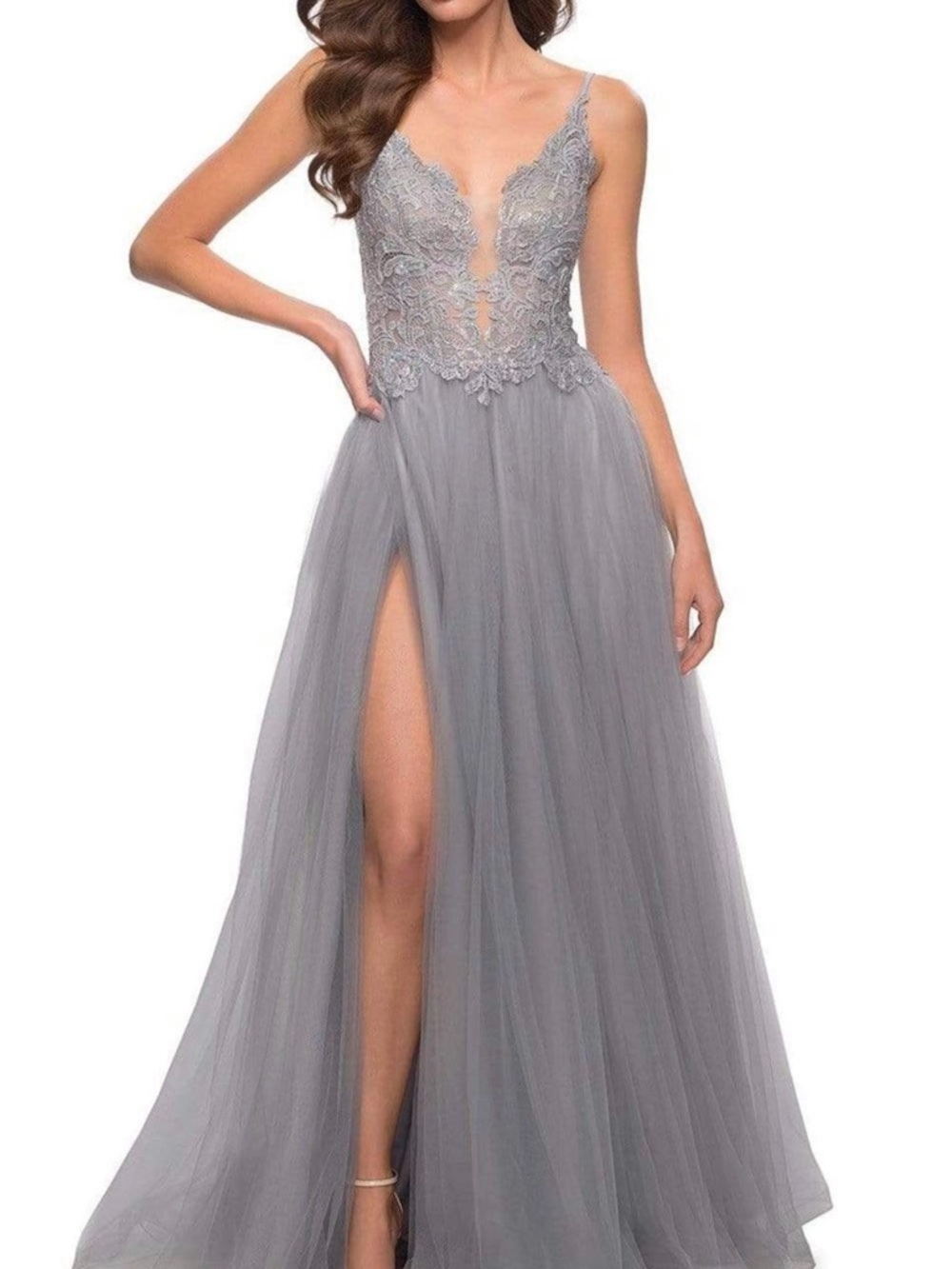 La Femme Silver Lace Bodice Tulle Prom Gown with High Slit